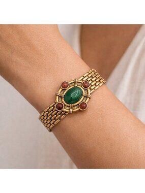 Vintage 1928 Jewelry Co Gold Tone Green Cabochon Chain Bracelet Art Deco Style